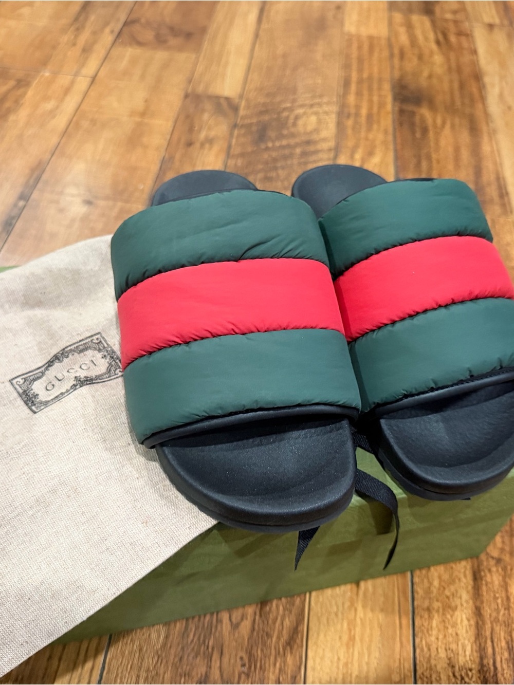 Gucci Green and Red Quilted Slide Sandals